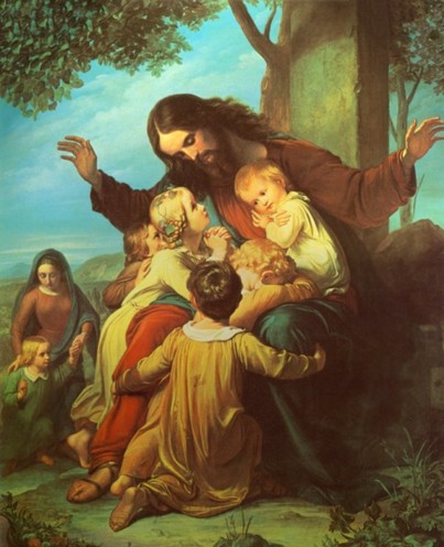 Let the Little Children Come to Me By the German painter Carl Christian Vogel von Vogelstein. It depicts Jesus Christ with open arms, surrounded by young children